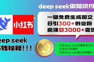 Deepseek一键免费生成小红书图文日引300+创业粉，日变现多张教程，方法全行业通用！